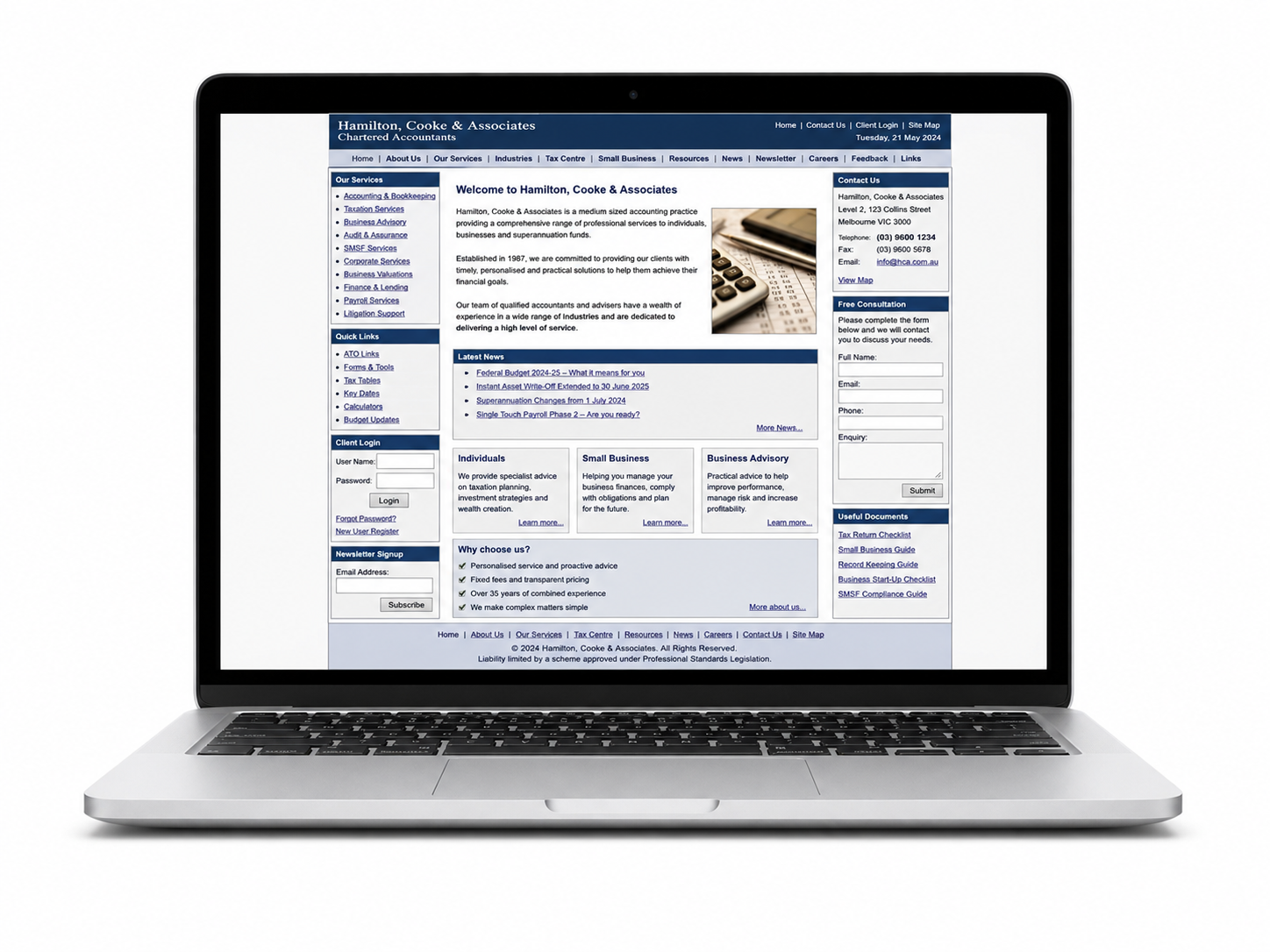 A dated, cluttered accounting website with tiny text, a buried contact form and no clear next step.