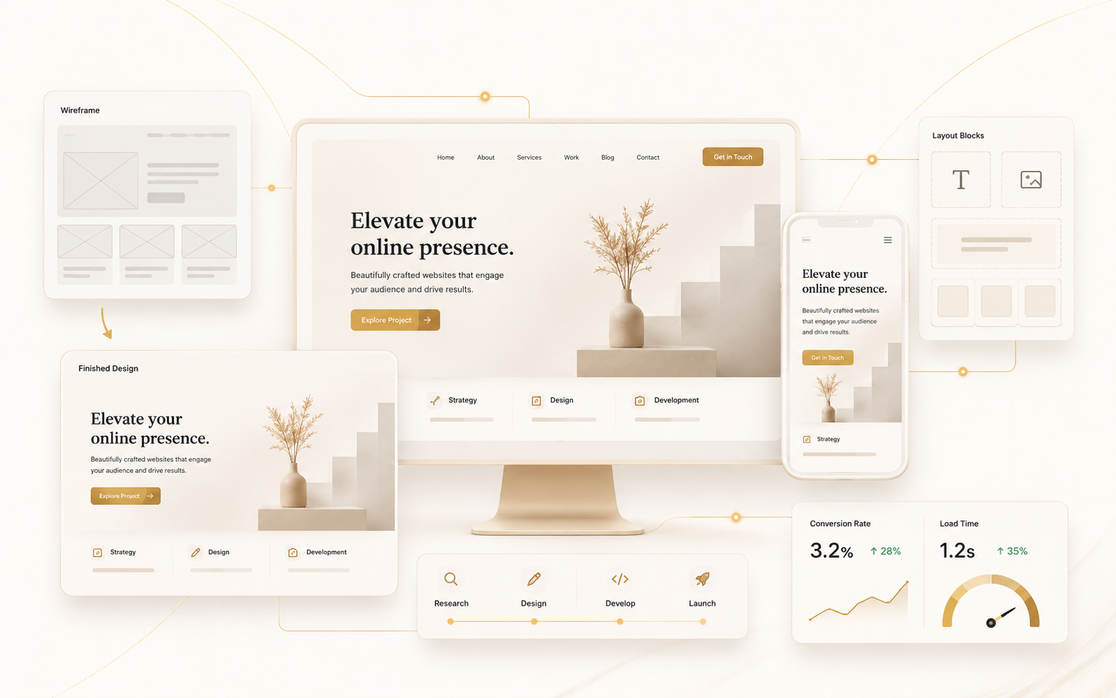 Website design mockup with wireframes and finished layout.