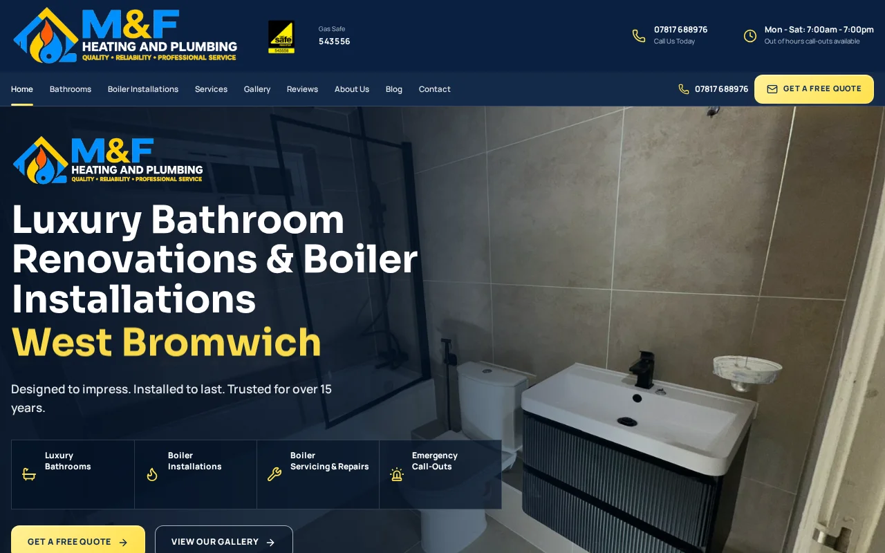 M&F Heating & Plumbing website showing bathroom renovations and boiler services