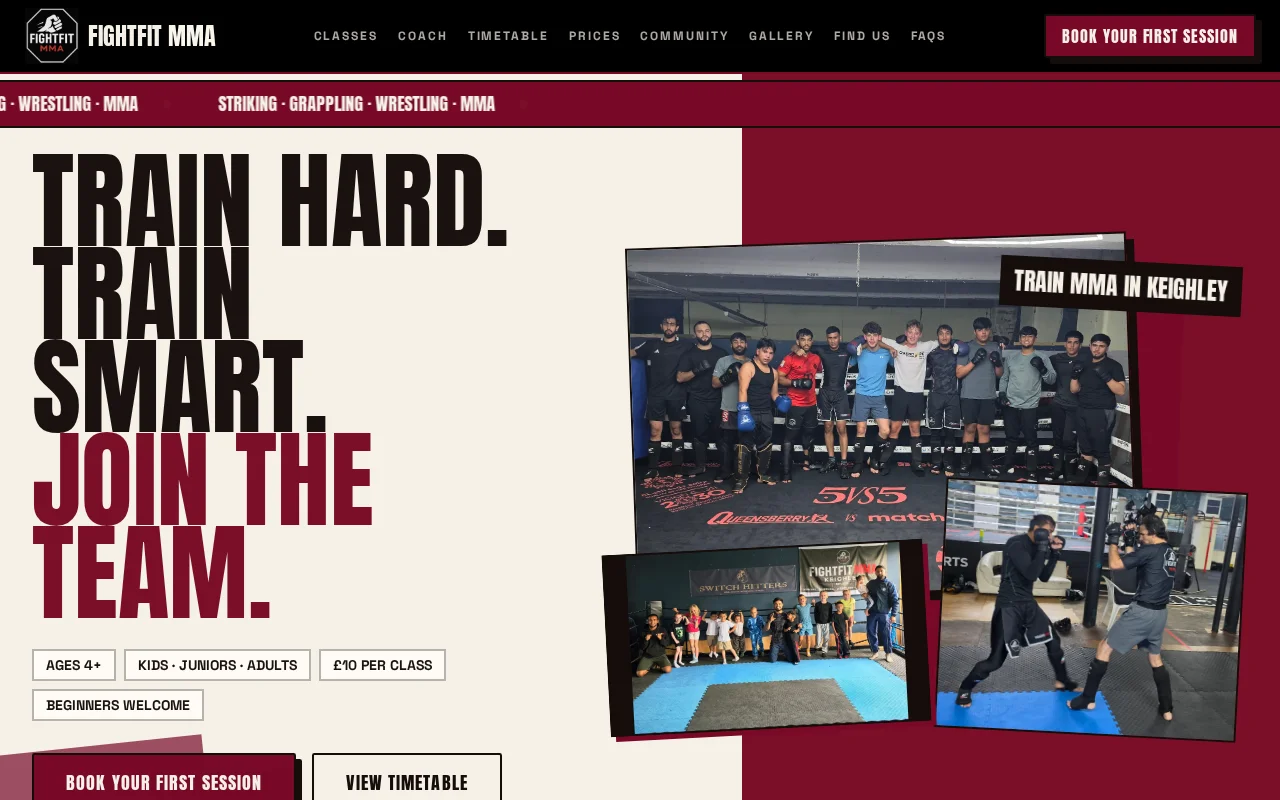 FightFit MMA Keighley website showing training photographs and class booking links